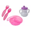 LEAN TOYS Baby Doll su rožiniais drabužiais, galvos juostele ir maitinimo aksesuarais