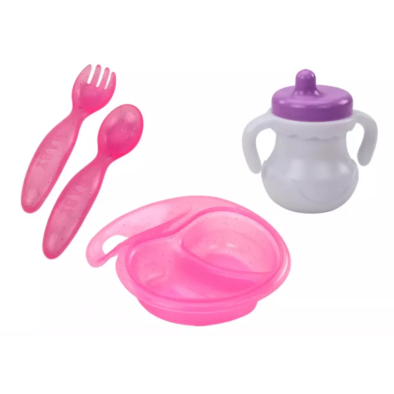 LEAN TOYS Baby Doll su rožiniais drabužiais, galvos juostele ir maitinimo aksesuarais