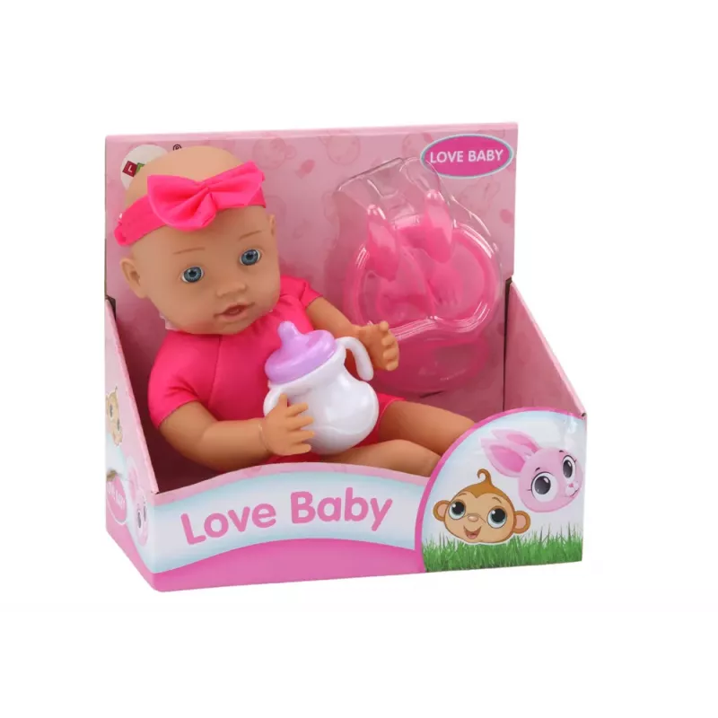 LEAN TOYS Baby Doll su rožiniais drabužiais, galvos juostele ir maitinimo aksesuarais