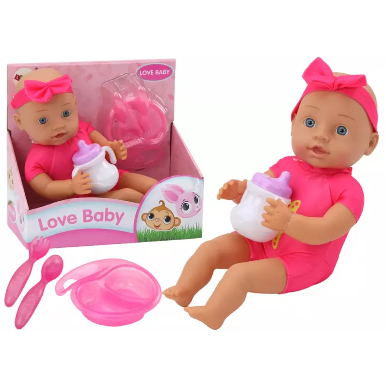 LEAN TOYS Baby Doll su rožiniais drabužiais, galvos juostele ir maitinimo aksesuarais