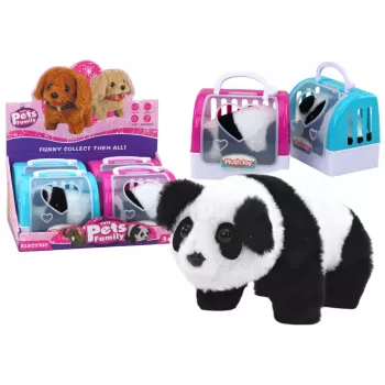 Interaktyvus pliušinis panda su rožiniu-mėlynu transporteriu LEAN TOYS 17613