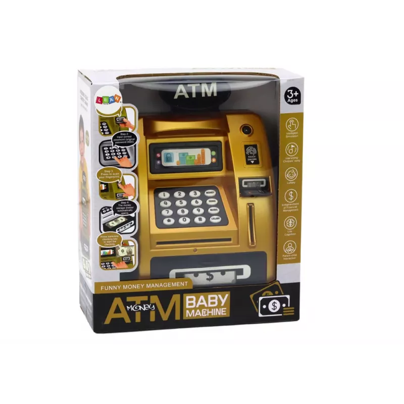 LEAN TOYS ATM Piggy Bank vaikams, mokantis taupyti, auksinė juoda