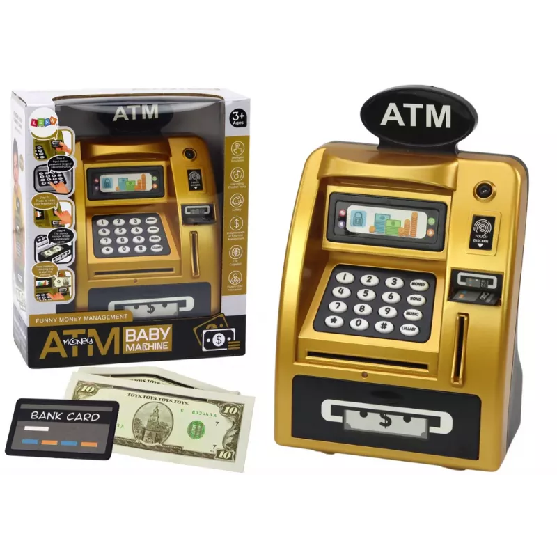 LEAN TOYS ATM Piggy Bank vaikams, mokantis taupyti, auksinė juoda