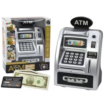 LEAN TOYS ATM Piggy Bank taupyklė vaikams, mokanti taupyti, sidabrinė juoda
