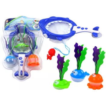 LEAN TOYS Vonios žaislų dėžė su kiaurymėmis 2in1 Ryklys su žuvimi ir dumbliais