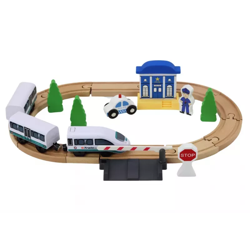 LEAN TOYS Wooden Railway Track Train Set with Police Station Bridge 3.2m 75 Pieces