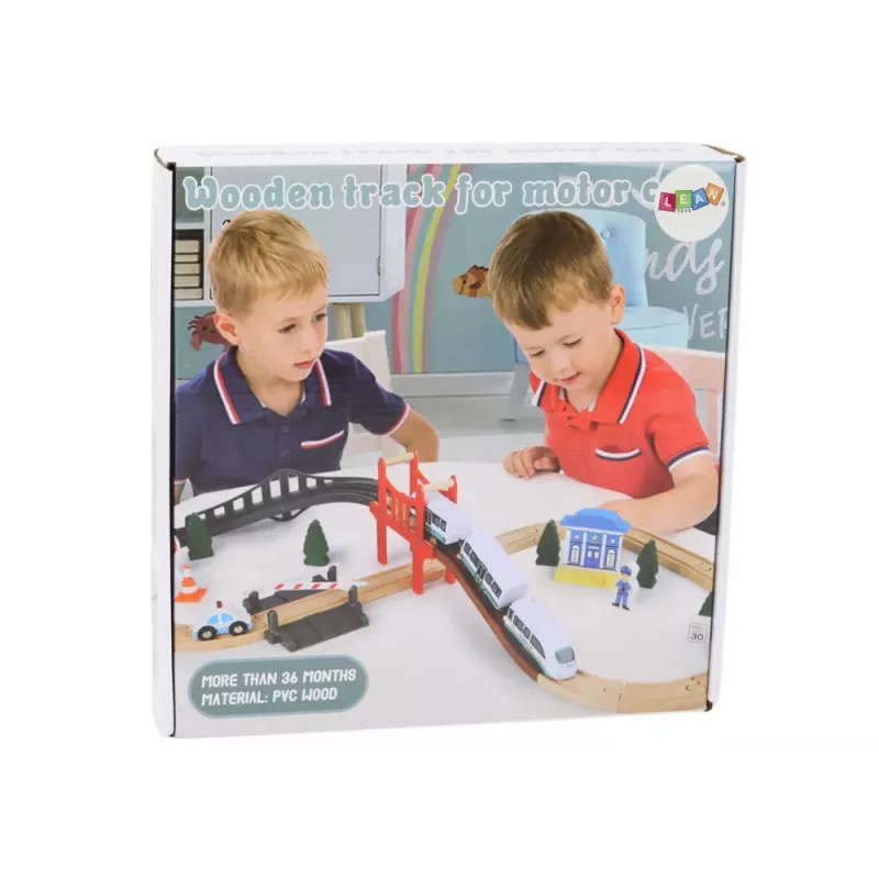 LEAN TOYS Wooden Railway Track Train Set with Police Station Bridge 3.2m 75 Pieces