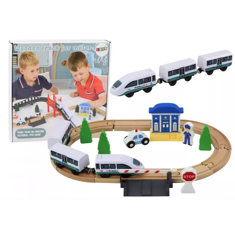 LEAN TOYS Wooden Railway Track Train Set with Police Station Bridge 3.2m 75 Pieces