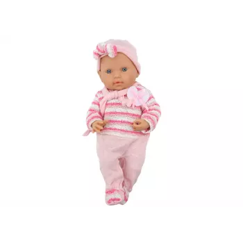 LEAN TOYS Kūdikio lėlė su dryžuotu megztiniu, kepure ir šaliku, rožinė