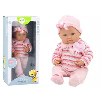 LEAN TOYS Kūdikio lėlė su dryžuotu megztiniu, kepure ir šaliku, rožinė