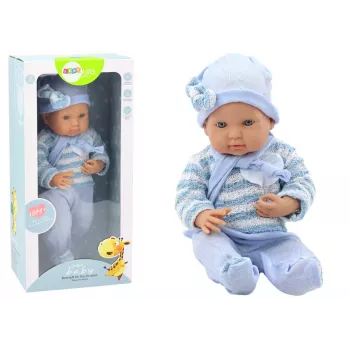 LEAN TOYS Baby Doll with Striped Sweater, Hat, and Blue Scarf - 42 cm
