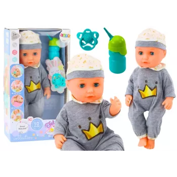 LEAN TOYS Kūdikio lėlė pilkomis pižamomis su šlapinimosi funkcija, buteliuku, čiulptuku ir garsais