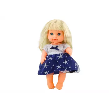LEAN TOYS Lėlė su mėlyna suknele, šlapinimosi funkcija, buteliuku ir barškučiu