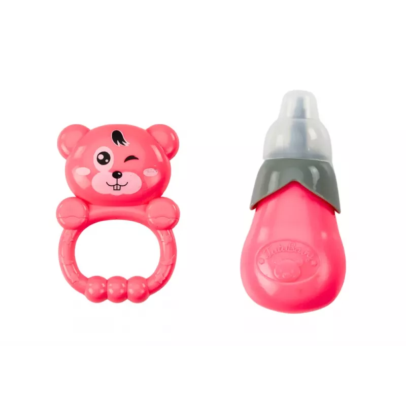LEAN TOYS Lėlė šviesiai rožine suknele su šlapinimosi funkcija, buteliuku ir barškučiu