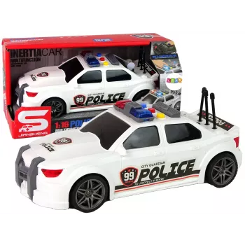LEAN TOYS Sportinis automobilis su atidaromu bagažinės dangčiu, policijos šviesomis ir garsais, baltas, 1:16