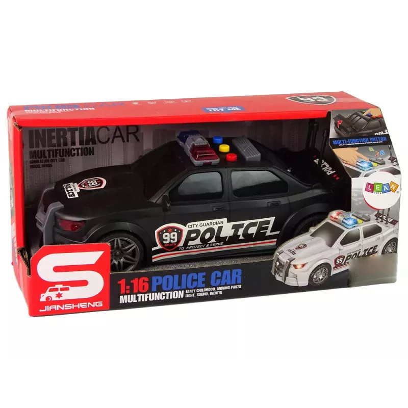 LEAN TOYS Policijos sportinis automobilis su atidaromu bagažinės dangčiu, šviesomis ir garsais, juodas, 1:16