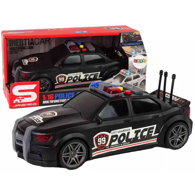 LEAN TOYS Policijos sportinis automobilis su atidaromu bagažinės dangčiu, šviesomis ir garsais, juodas, 1:16