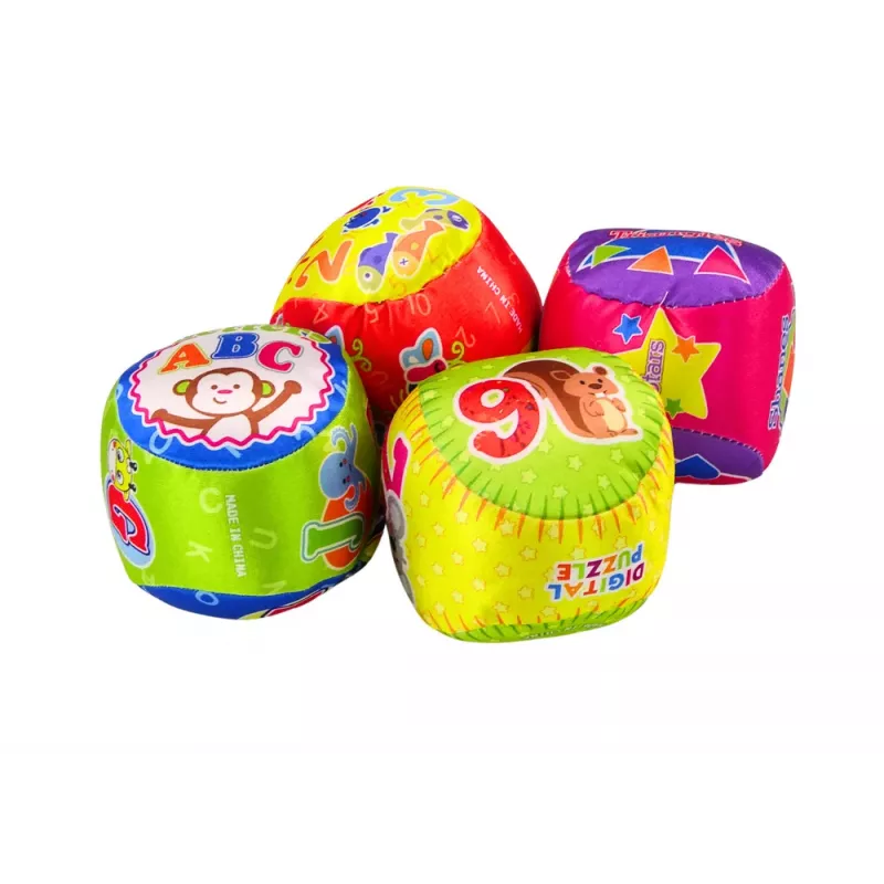 LEAN TOYS Minkštų kamuoliukų rinkinys Spalvingi lavinamieji barškučiai 4 vnt.