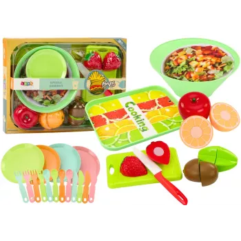 LEAN TOYS Vaisių pjaustymo rinkinys su salotų įrankiais, padėklu 25 dalių