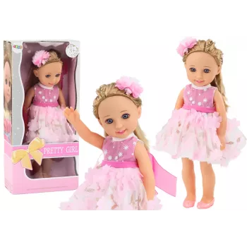 LEAN TOYS Lėlė su rožine suknele, ilgais plaukais, segtukais ir šepetėliu 38 cm