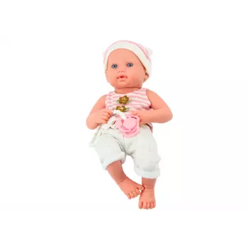 LEAN TOYS Kūdikio lėlė baltais ir rožiniais drabužiais, kepuraite, čiulptuku ir antklode