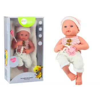 LEAN TOYS Kūdikio lėlė baltais ir rožiniais drabužiais, kepuraite, čiulptuku ir antklode