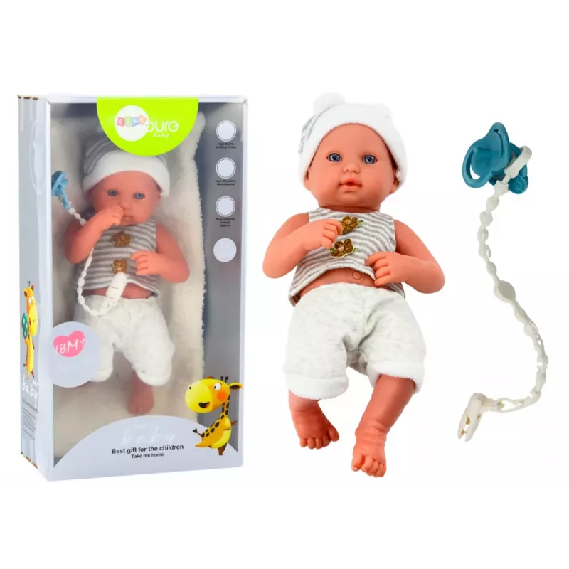 LEAN TOYS Baby Doll in White and Gray Clothes, Hat, Pacifier, and Blanket