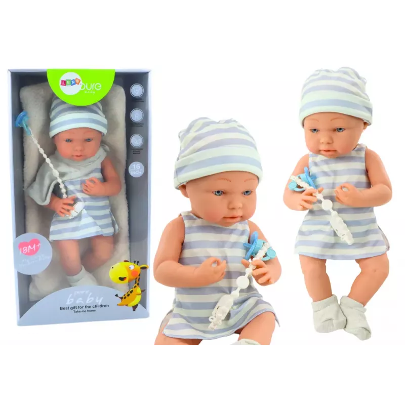 LEAN TOYS Baby Doll in Blue and White Clothes, Hat, Pacifier, Bib, Quilt