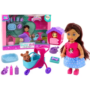 LEAN TOYS Lėlė su šunimis Šunų veislyno aksesuarai Rožinis šuniukas 16 vnt.