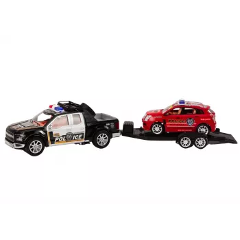 LEAN TOYS Policijos rinkinys su pikapu, visureigiu, vilkiku ir priekaba