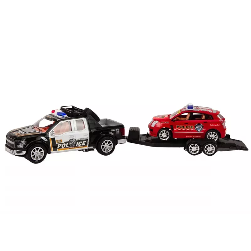 LEAN TOYS Policijos rinkinys su pikapu, visureigiu, vilkiku ir priekaba