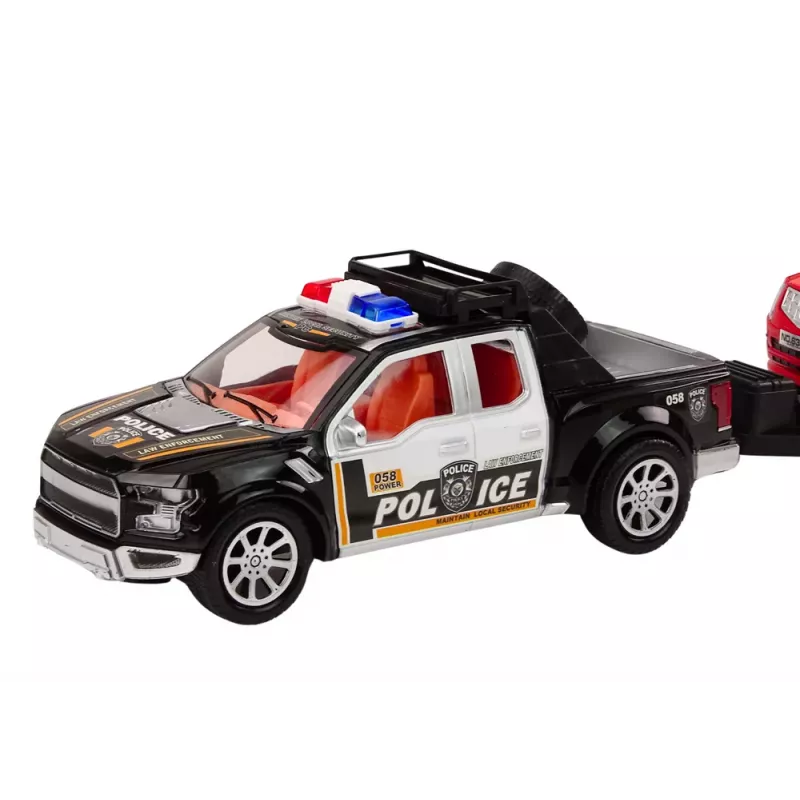 LEAN TOYS Policijos rinkinys su pikapu, visureigiu, vilkiku ir priekaba