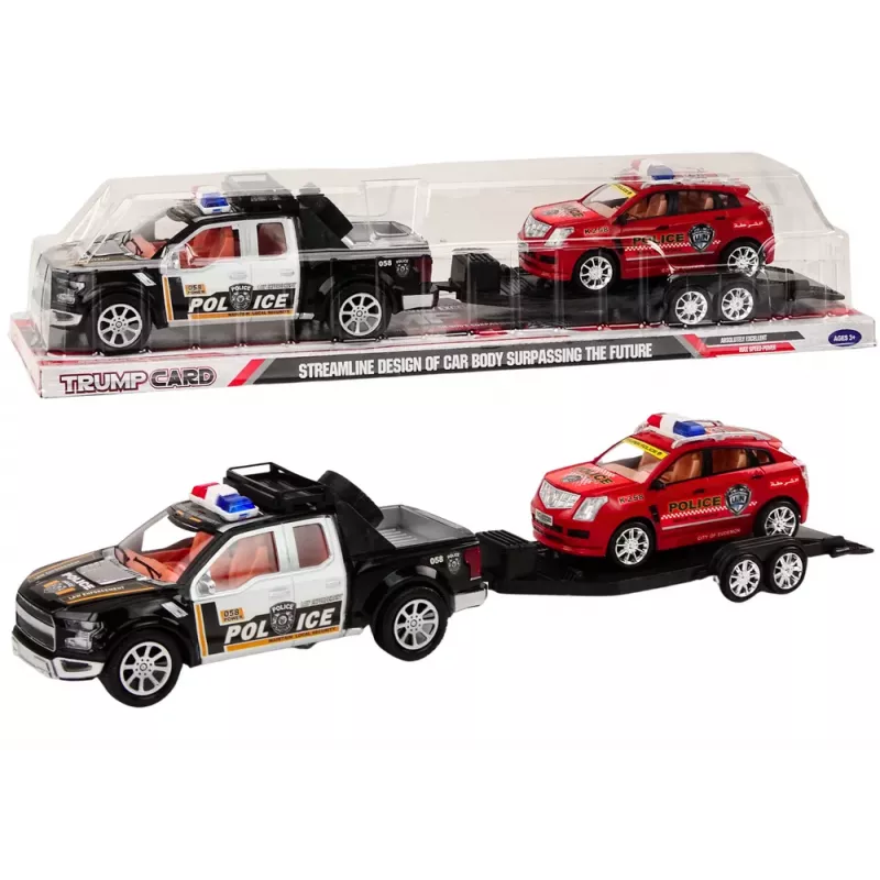LEAN TOYS Policijos rinkinys su pikapu, visureigiu, vilkiku ir priekaba
