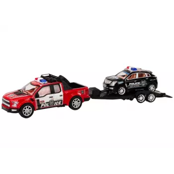 LEAN TOYS Policijos pikapas su vilkiku puspriekabe ir bekelės automobiliu policijos rinkinys