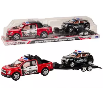 LEAN TOYS Policijos pikapas su vilkiku puspriekabe ir bekelės automobiliu policijos rinkinys