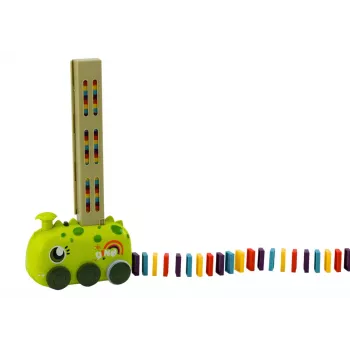 LEAN TOYS Baterijomis varomas žalias dinozaurų traukinukas su spalvingais domino kaladėlėmis, 4 spalvų blokeliai