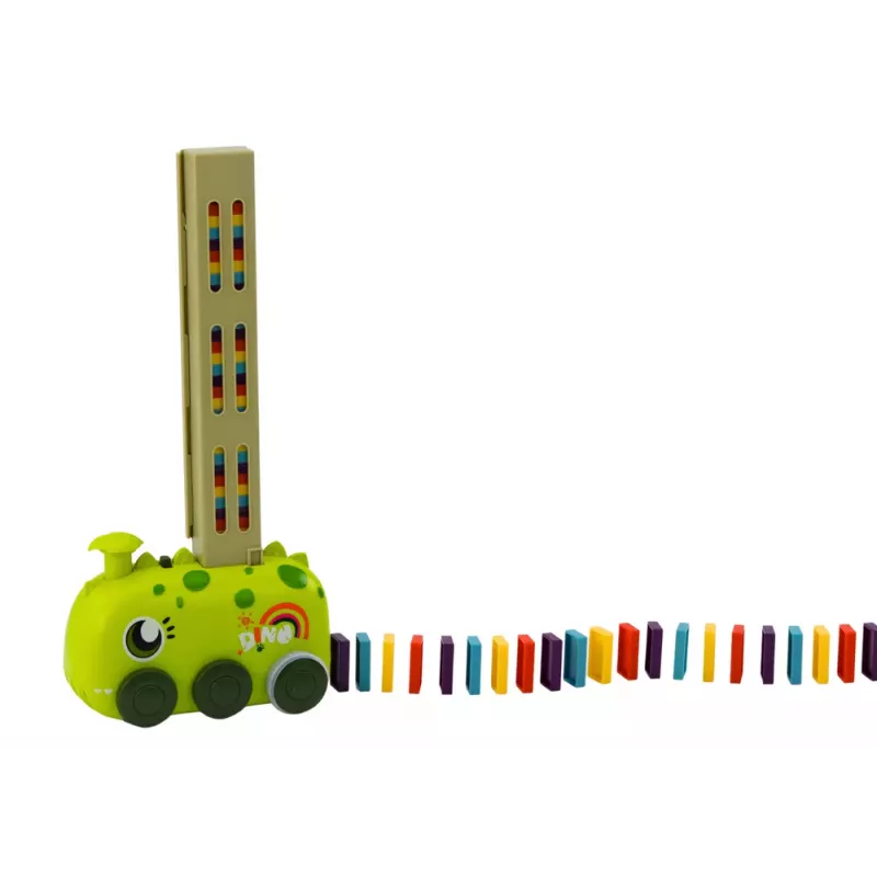 LEAN TOYS Baterijomis varomas žalias dinozaurų traukinukas su spalvingais domino kaladėlėmis, 4 spalvų blokeliai