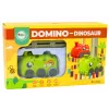 LEAN TOYS Baterijomis varomas žalias dinozaurų traukinukas su spalvingais domino kaladėlėmis, 4 spalvų blokeliai