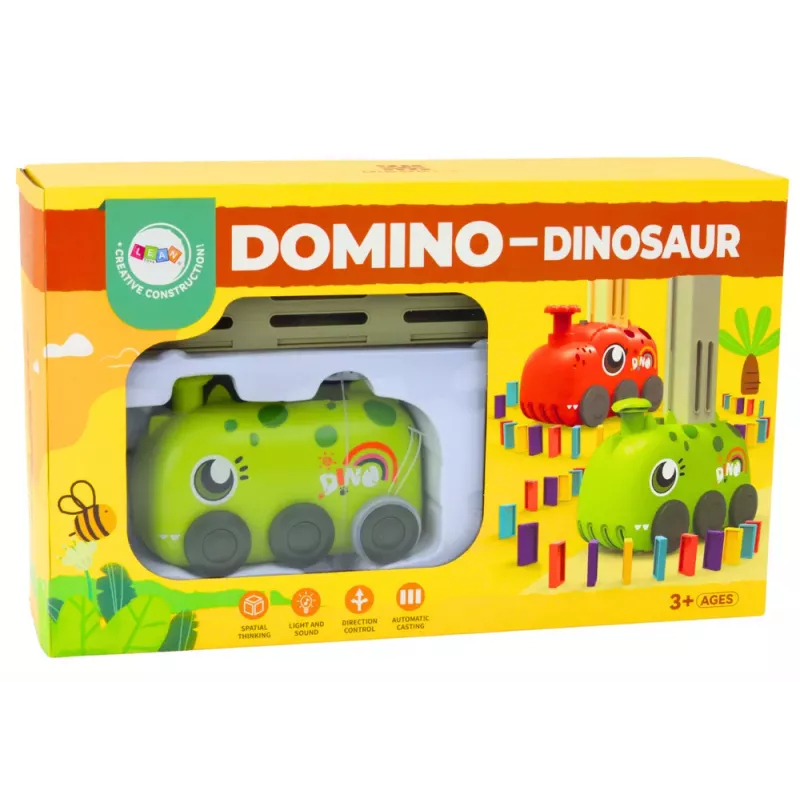 LEAN TOYS Baterijomis varomas žalias dinozaurų traukinukas su spalvingais domino kaladėlėmis, 4 spalvų blokeliai