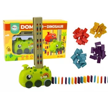LEAN TOYS Baterijomis varomas žalias dinozaurų traukinukas su spalvingais domino kaladėlėmis, 4 spalvų blokeliai