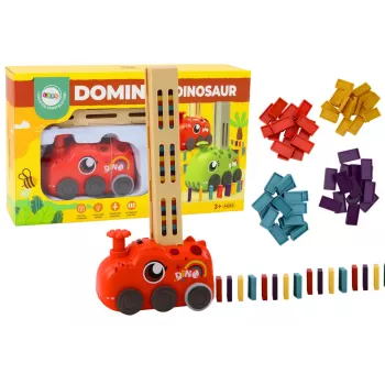 LEAN TOYS Red Dinosaur Battery Operated Car Arranging Colorful Dominoes 4 Colors of Blocks
