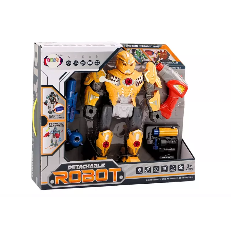 LEAN TOYS Atsukamasis robotas su grąžtu ir atsuktuvu, šviesos ir garso efektai, geltonas