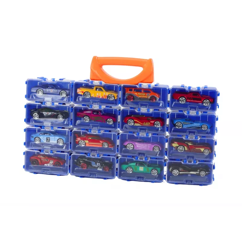 LEAN TOYS 16 dalių liejinių automobilių rinkinys su spyruoklėmis metaliniame lagamine