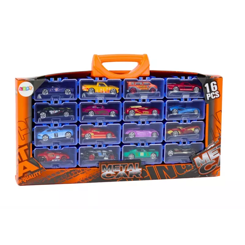 LEAN TOYS 16 dalių liejinių automobilių rinkinys su spyruoklėmis metaliniame lagamine