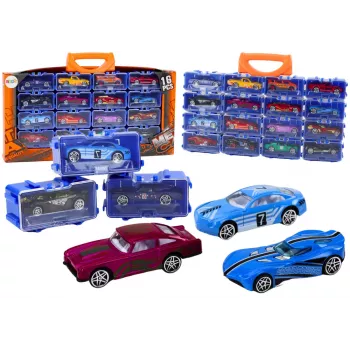 LEAN TOYS 16 dalių liejinių automobilių rinkinys su spyruoklėmis metaliniame lagamine