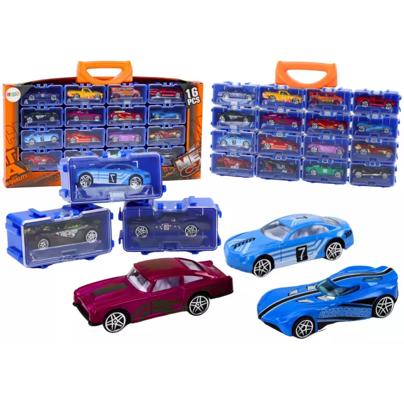LEAN TOYS 16 dalių liejinių automobilių rinkinys su spyruoklėmis metaliniame lagamine