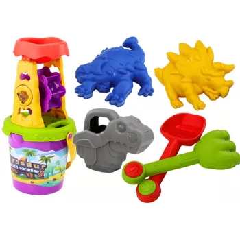 LEAN TOYS Dinozaurų smėlio rinkinys - Malūnėlis, piltuvėlis, mentelė, grėblys, laistytuvas, formelės
