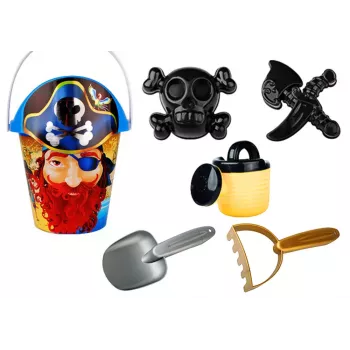 LEAN TOYS Piratų smėlio žaidimų rinkinys – kibirėlis, laistytuvas, sietelis, 6 dalių