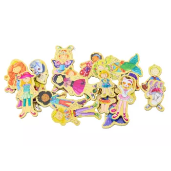 LEAN TOYS Medinių magnetukų rinkinys „Personažai spalvingais kostiumais“, 20 vnt.