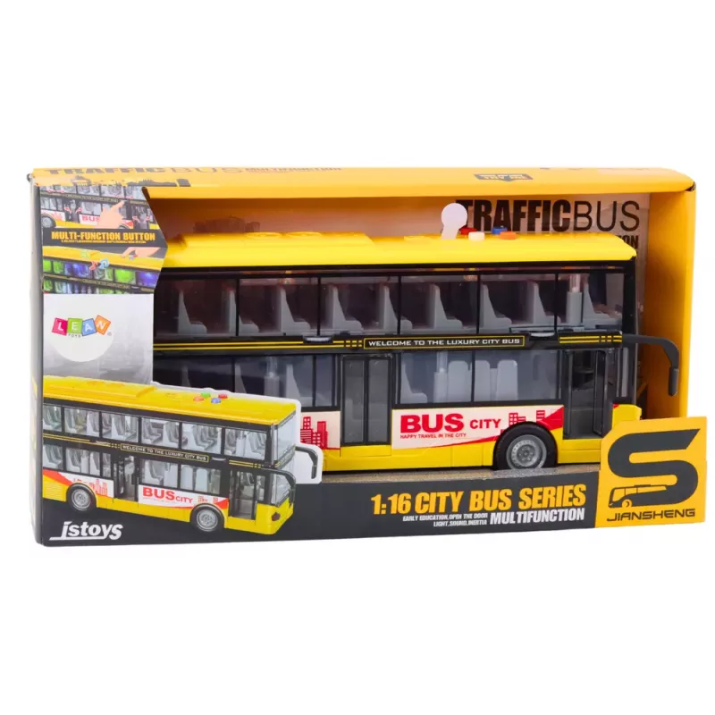 LEAN TOYS Double Decker Bus 1:16 Lights Sounds Friction Drive Geltonas